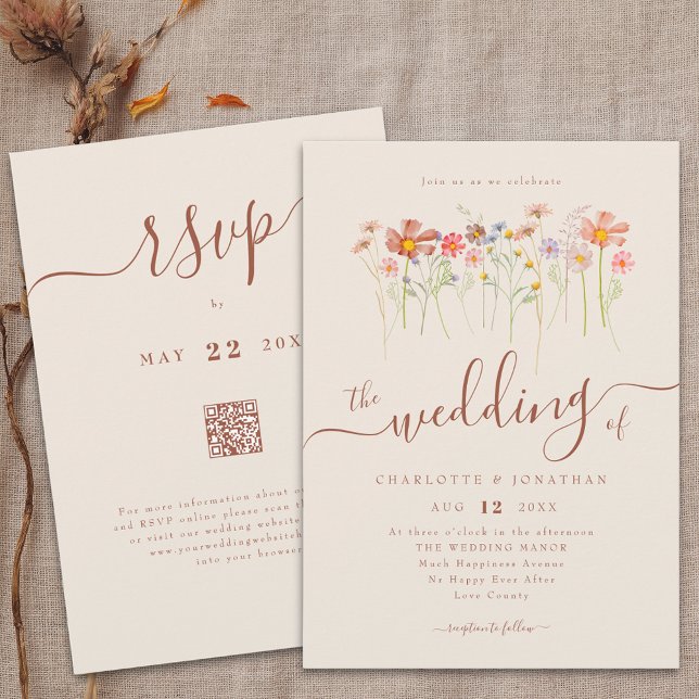 Convite Código QR do Boho Fall Beige Terracotta (Boho fall Wildflower floral beige terracotta Wedding qr code invitation Watercolor meadow flowers)