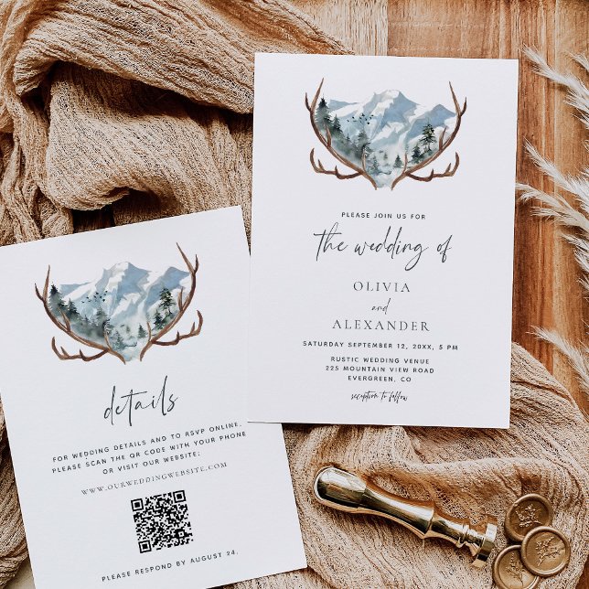Convite Código QR do Casamento de Montanha Rustic Antlers (Criador carregado)