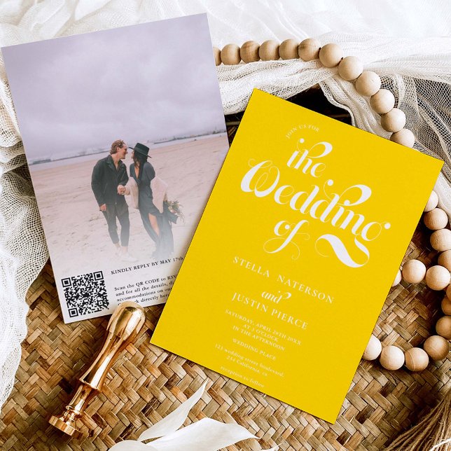 Convite Código Qr do casamento do script amarelo de fotogr (Criador carregado)