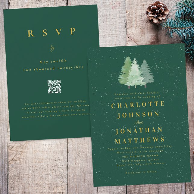 Convite Código QR do Casamento Dourado Verde da Floresta d (Modern woodland winter snow green & gold Forest wedding QR code invitation Watercolor evergreen tree)