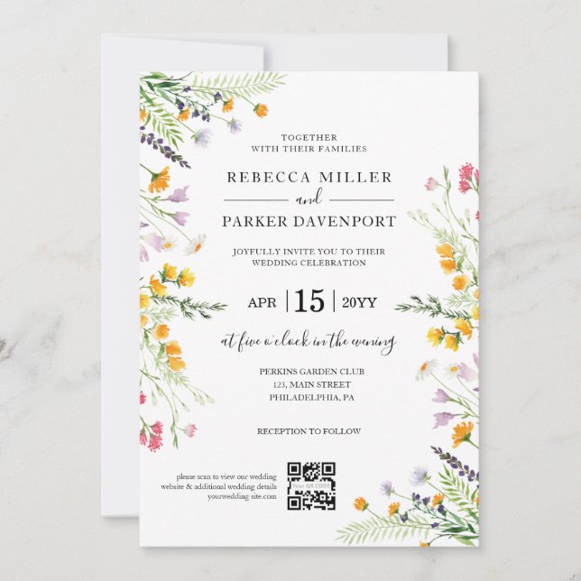 Convite Código QR do Casamento moderno de Flores Selvagens (Frente)