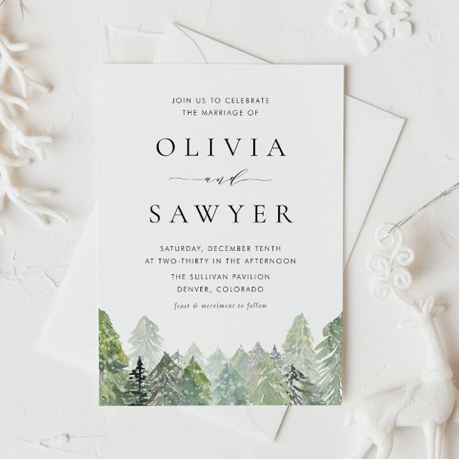 Convite Código QR do Casamento no inverno Evergreen Snowy  (QR code winter wedding invitation featuring watercolor evergreens and falling snow.)