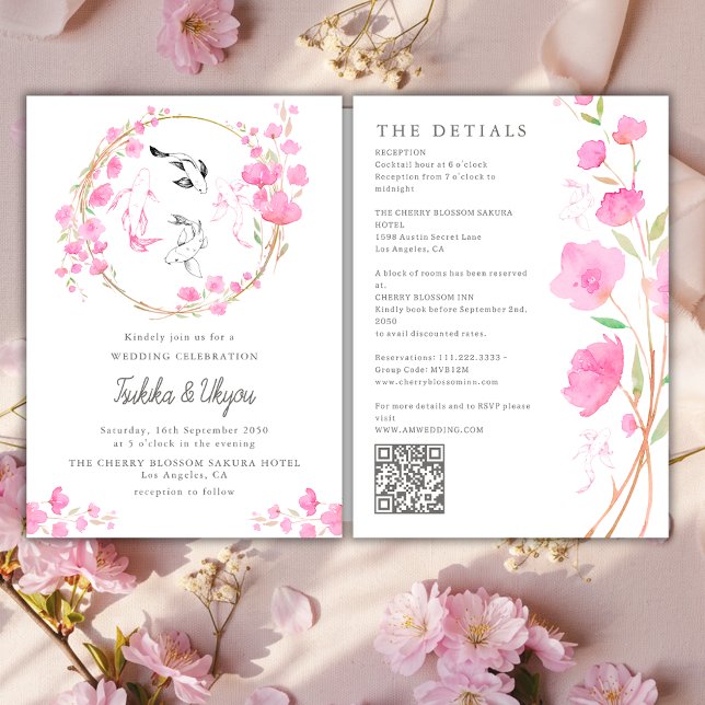 Convite Código QR do Casamento Tudo em Um com Peixe Koi e  (Criador carregado)