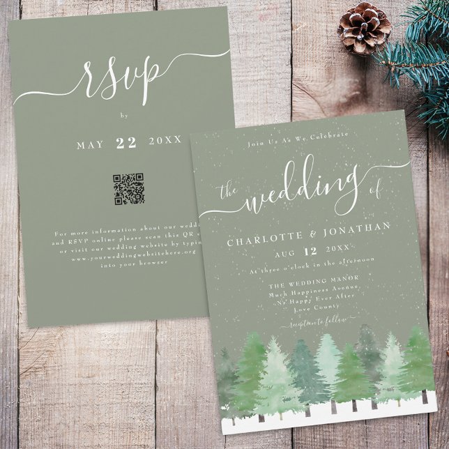 Convite Código QR do Casamento Verde da Floresta de invern (Winter Woodland forest watercolor sage green and white wedding qr code invitation Elegant script)