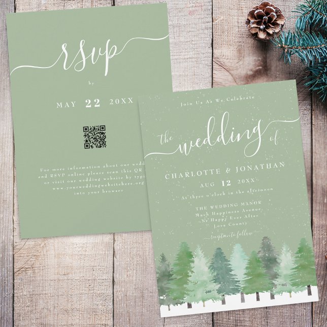 Convite Código QR do Casamento Verde da Floresta de invern (Winter Woodland forest watercolor sage green and white wedding qr code invitation)