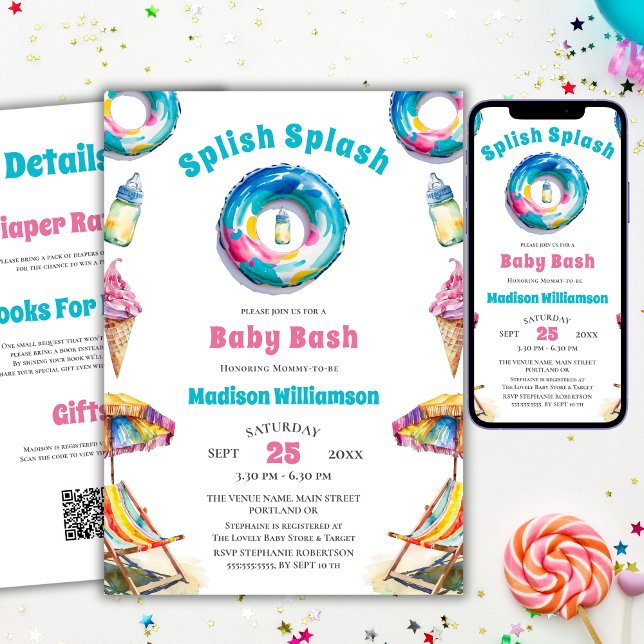 Convite Código QR do Chá de Bebê de Verão Splish Splash Ba (Criador carregado)