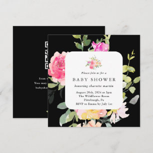 Convite Código QR do Chá de Bebê Floral Colorido Preto