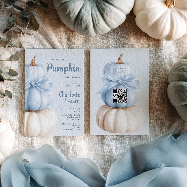 Convite Código QR do Chá de fraldas Pequeno Pumpkin Arco A (Blue Bow Little Pumpkin Boy Baby Shower QR Code Invitation)