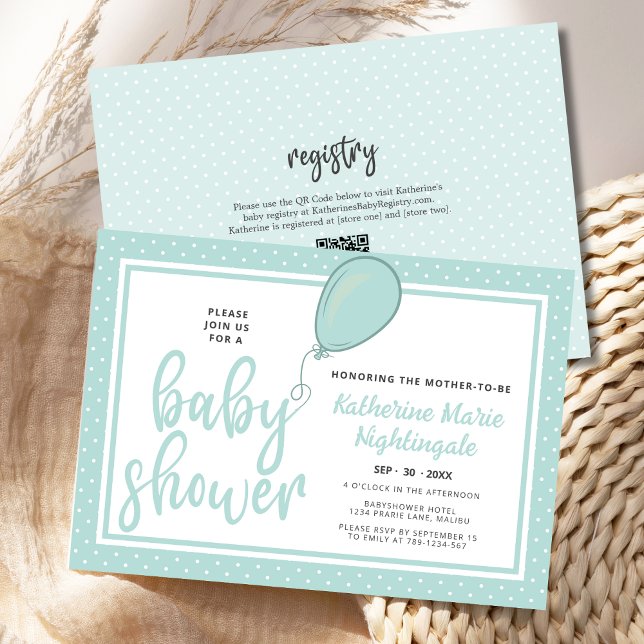 Convite Código QR do Chá de fraldas Verde Pastel Neutro pa (Baby Shower Gender Neutral BOHO Pastel Green Polka Dot Invitation with Balloon, Script Calligraphy.)