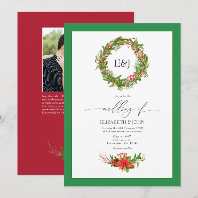 Convite Código QR do Charme de Natal com Poinsettia e Pinh (Frente/Verso)