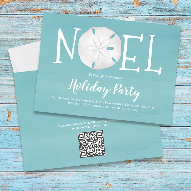 Convite Código QR do Dólar Turquoise de Aquarela Feriada (Holiday Noel beach sand dollar theme party invitation with turquoise blue water.)