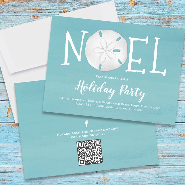 Convite Código QR do Dólar Turquoise de Aquarela Feriada (Holiday Noel beach sand dollar theme party invitation with turquoise blue water.)