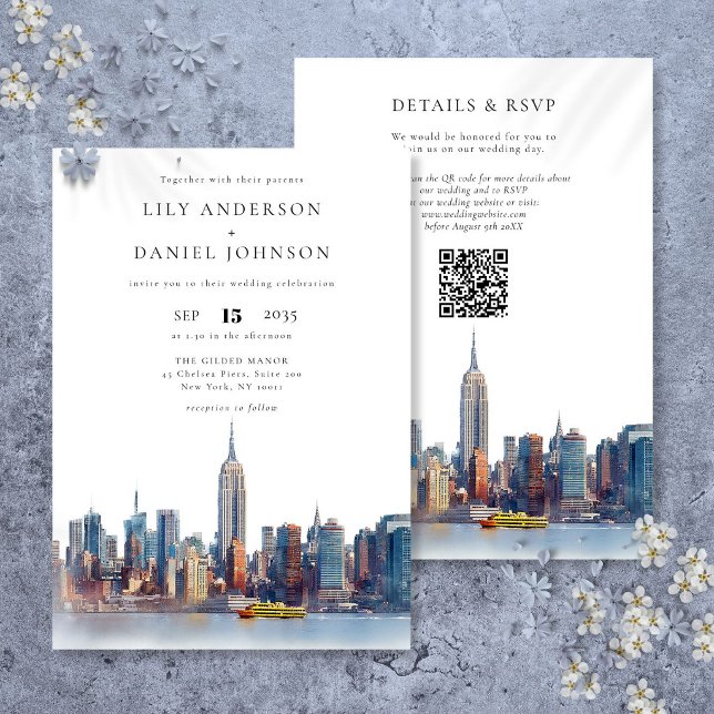 Convite Código QR do Horizonte de Nova York em Aquarela pa (Watercolor New York Skyline QR Code Wedding Invitation)