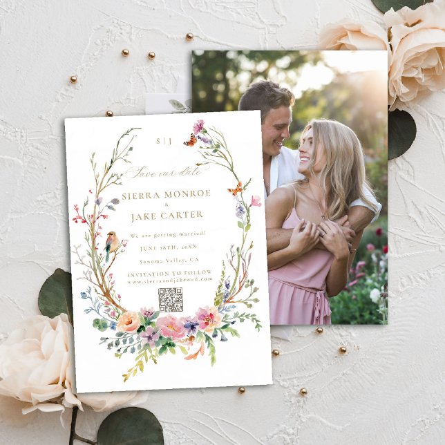 Convite Código QR do Jardim de Flores Selvagens Data de Sa (garden wedding save the date photo QR code wildflowers enchanted woodland forest butterflies bird)