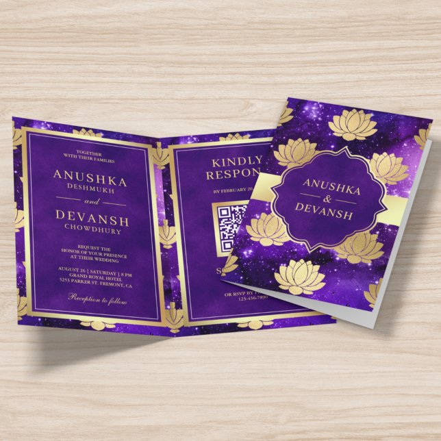 Convite Código QR do Lótus Dourado da Galáxia Roxa Casamen (Criador carregado)