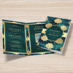 Convite Código QR do Lótus Dourado da Galáxia Verde Casame