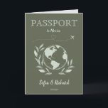 Convite Código QR do Mapa de Passaporte de Destino de Boho<br><div class="desc">Modern Boho World Map Invitation Destination,  como passaporte,  com seu monograma. Adicione seu código QR. Cor de fundo verde do sábado</div>
