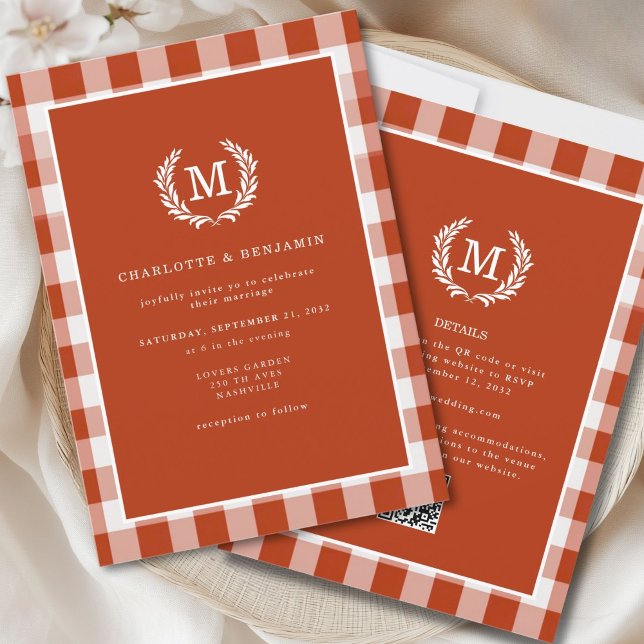 Convite Código QR do Monograma do Gingham Vermelho - Laran (Red-Orange Gingham Monogram Crest QR Code Invitation for Details and RSVP. )