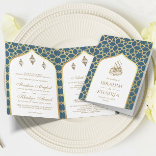 Convite Código QR do Padrão Islâmico Blue Gold Casamento M