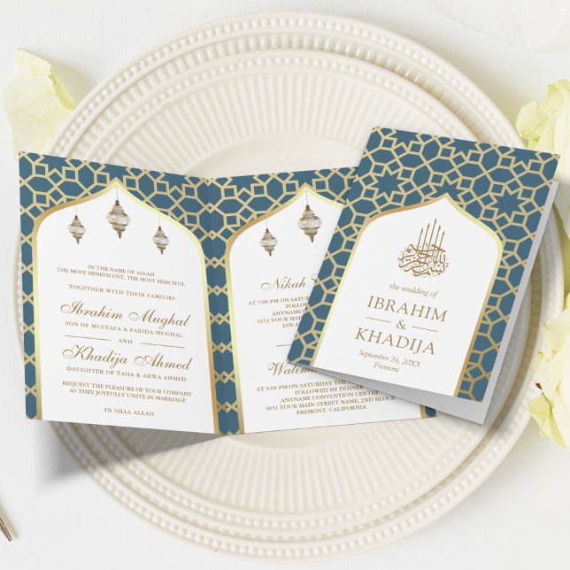 Convite Código QR do Padrão Islâmico Blue Gold Casamento M (Criador carregado)