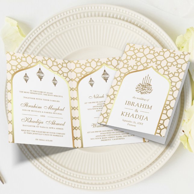 Convite Código QR do padrão islâmico Cream Gold Casamento  (Criador carregado)