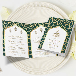 Convite Código QR do padrão islâmico Green Gold Casamento