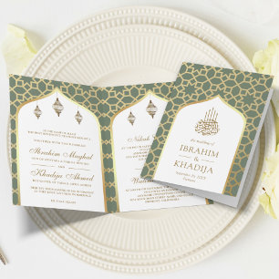 Convite Código QR do padrão islâmico Sage Gold Casamento M