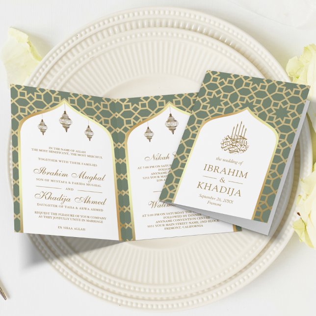 Convite Código QR do padrão islâmico Sage Gold Casamento M (Criador carregado)