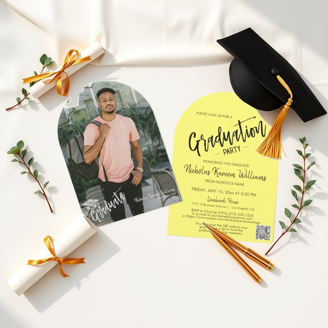 Convite Código QR do Partido de Foto do Arco Amarelo da Ma (Criador carregado)