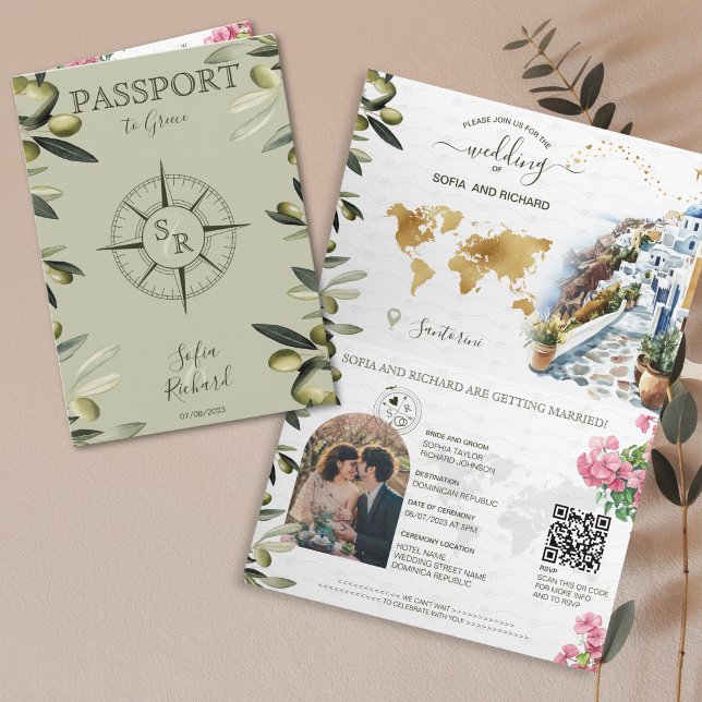 Convite Código QR do Passaporte de Casamento de Destino da (watercolor olive branches greenery passport wedding invitation with compas)