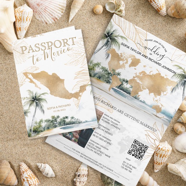 Convite Código QR do Passaporte de Casamento de Destino de (mexico beach wedding passport)