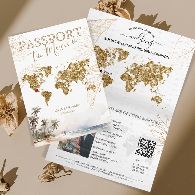 Convite Código QR do Passaporte de Casamento de Destino de (beach golden glitter world map)