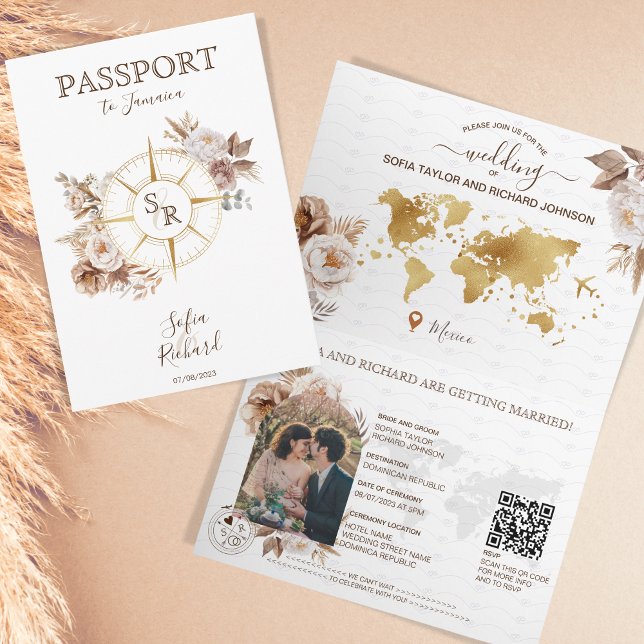 Convite Código QR do Passaporte de Casamento de Destino Do (Boho flowers with compass and monogram passport)