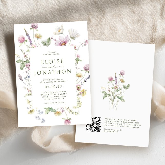 Convite Código QR do Pastel Selvagem de Pastel Molado Eleg (Elegant Soft Pastel Wildflower QR code Wedding Invitation)