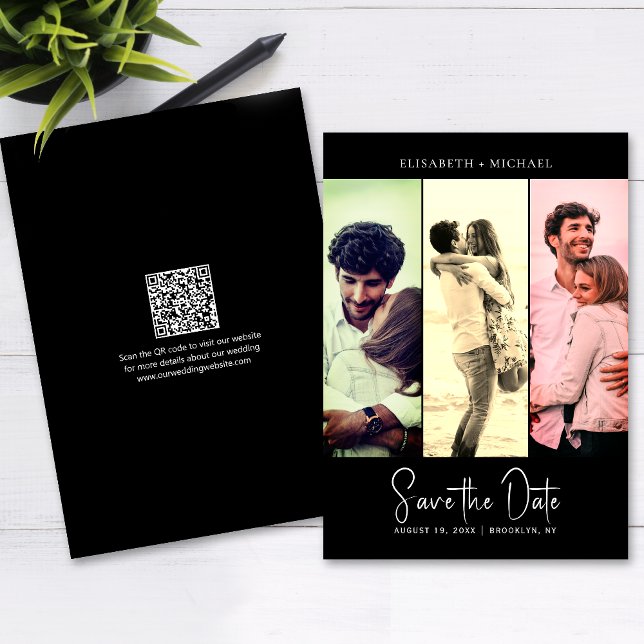 Convite Código QR do Retro Preto de Foto Mínimo Salvar a D (The QR code makes it easy for guests to visit your website for more details about your wedding.)