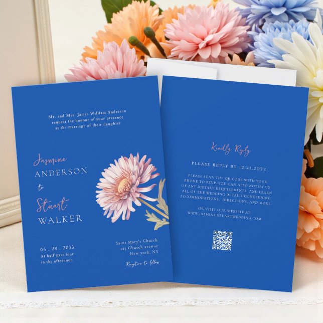 Convite Código QR do site de casamento azul rosa moderno (Criador carregado)