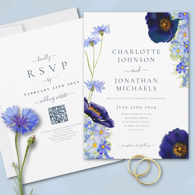 Convite Código QR do Site de Casamento Russo de Azul de Fl (Elegant wildflower watercolor summer floral blue wedding invitation with online rsvp QR code)