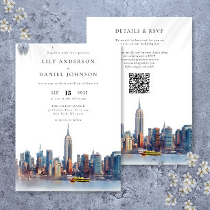 Convite Código QR do Skyline de Nova York em Aquarela para