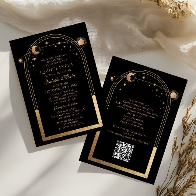 Convite Código QR Dourado Celestial Quinceañera (Criador carregado)