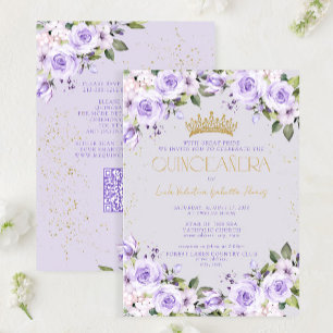 Convite Código QR Dourado da lavanda Quinceañera Mis Quinc