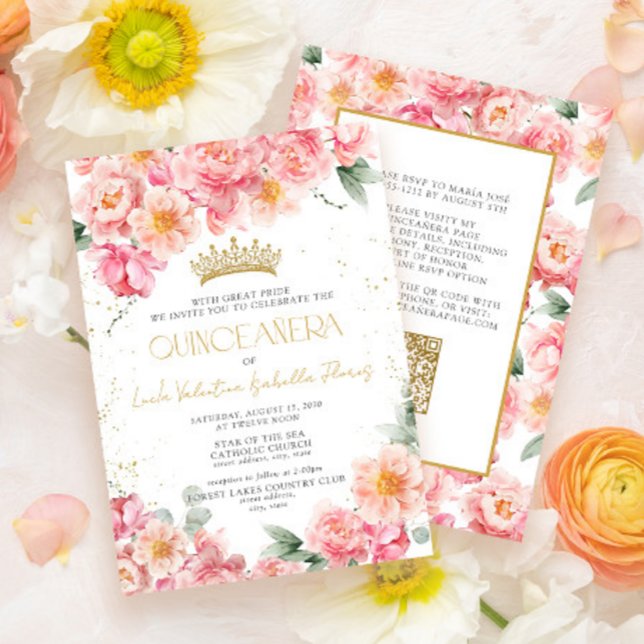 Convite Código QR Dourado Elegante Quinceañera Floral (Criador carregado)