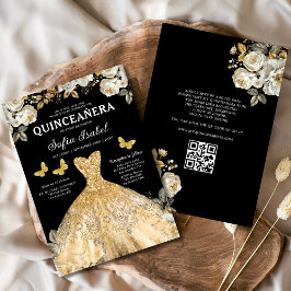 Convite Código QR Dourado Floral Princesa Quinceanera