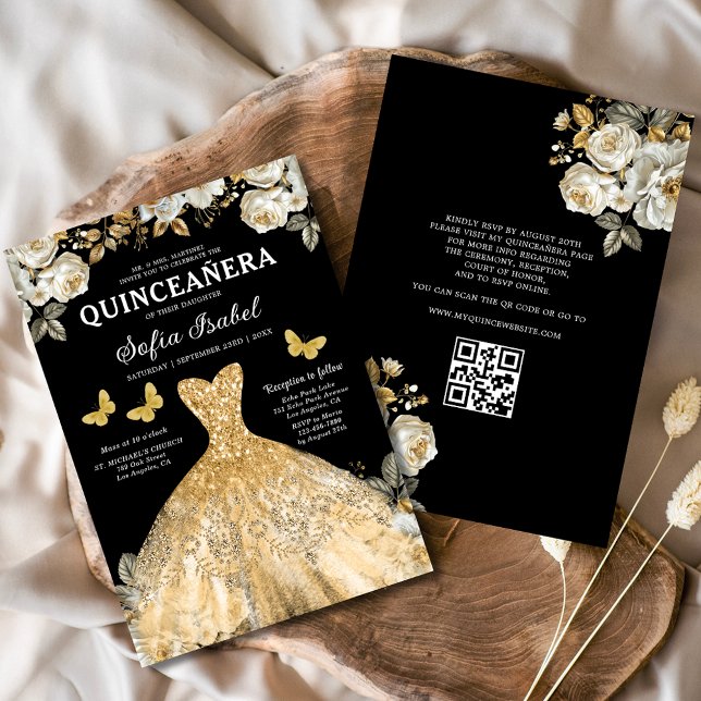 Convite Código QR Dourado Floral Princesa Quinceanera (Criador carregado)