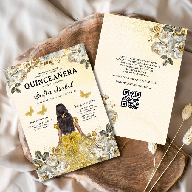 Convite Código QR Dourado Floral Princesa Quinceanera (Criador carregado)