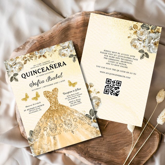 Convite Código QR Dourado Floral Princesa Quinceanera (Criador carregado)