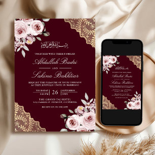 Convite Código QR Dourado Rosa Empoeirado Casamento Muçulm