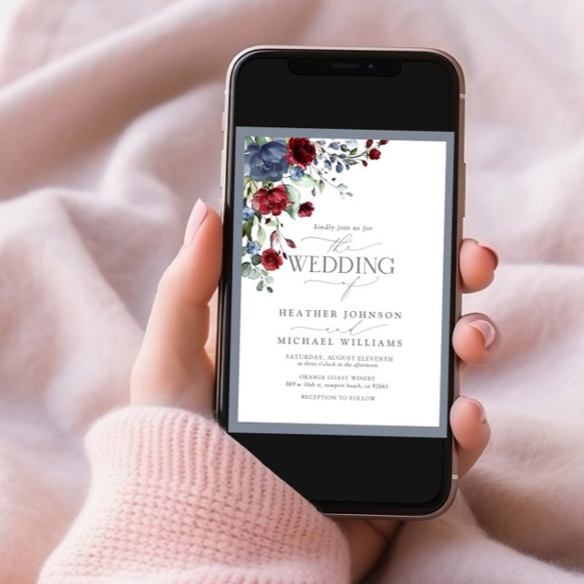 Convite Código QR Dusty Blue Borgonha Aquarela Floral (Criador carregado)