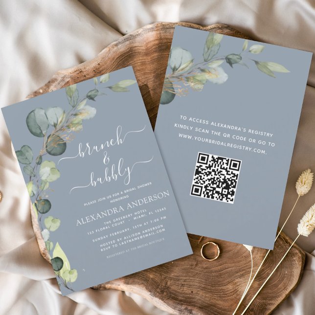 Convite Código QR Dusty Blue Brunch e Eucalyptus bubble (Criador carregado)