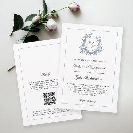 Convite Código QR Dusty Blue Crest Monograma Casamento