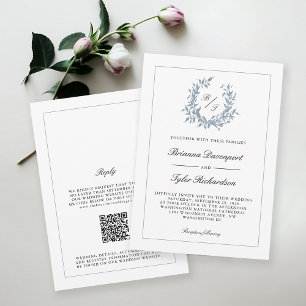 Convite Código QR Dusty Blue Crest Monograma Casamento